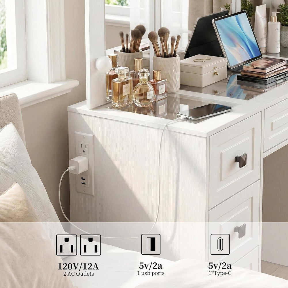 FUSUNBAO White Lighted Vanity Desk, Tri-Fold Mirror, 5 Drawers, Outlets | Ret...