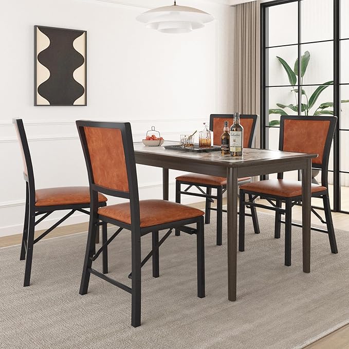 VECELO Folding Chairs Set of 4 with Cushion, Foldable Padded Seats with Heavy Duty Metal Frame for Kitchen/Dining/Living Room, No Assembly & Space Saving Design, Chestnut Brown