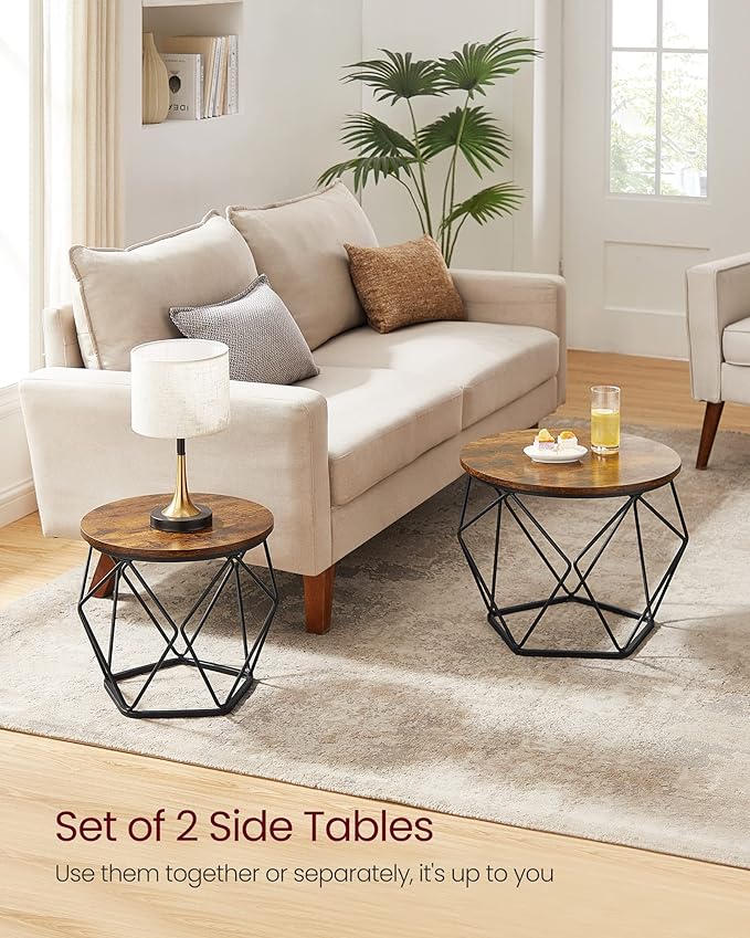 VASAGLE Small Coffee Table Set of 2, Round Coffee Table with Steel Frame, Sid...