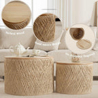 Nesting Table Set of 2 Round Wooden Coffee Tables Rustic Woven Center Table for Living Room Bedroom Apartment No Assembly Required, Natural