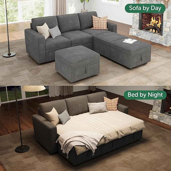 HONBAY Modular Sectional Sleeper Sofa Bed, Pull Out Couch with Storage Ottoman, U Shaped Sectional Couches for Living Room, Dark Grey