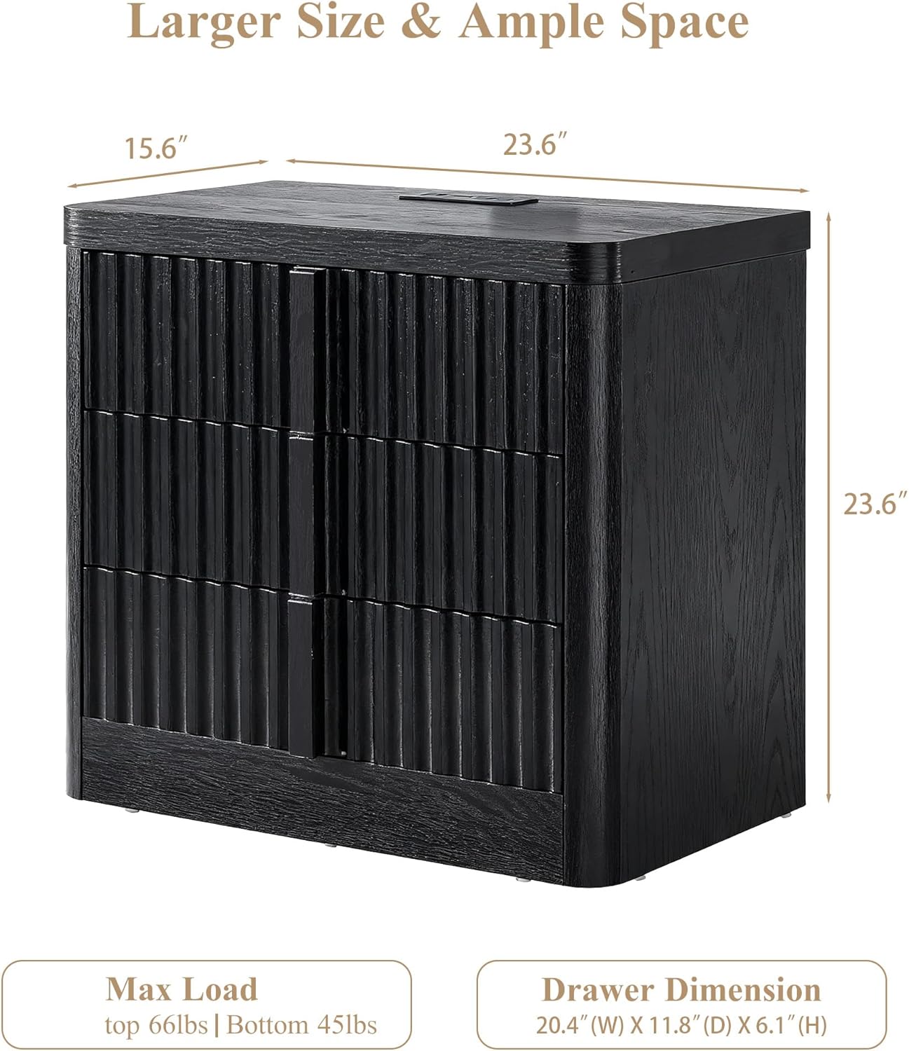 Black 23.6" Nightstand with Charging Station, Side Table with 3 Storage Drawers, Mid Century Modern Night Stand with Solid Wood Handle, Bedside End Table for Bedroom, Living Room, Closet