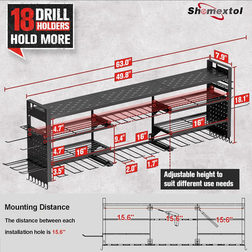 49.8" W Super Large Power Tool Organizer Wall Mount,4-Layer Heavy Duty Tool Storage with 18 Cordless Drill Holder,600 lb Capacity Garage Organization for Garage and Workshop (Black)