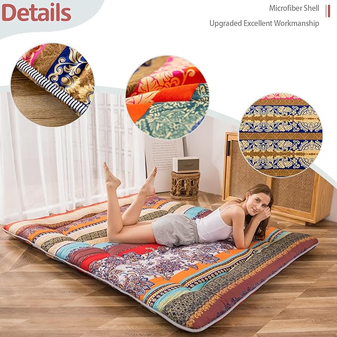 MAXYOYO Japanese Floor Mattress Futon Mattress, 4" Thicken Tatami Mat Sleeping Pad Foldable Roll Up Mat Boys Girls Dormitory Pad Kids Floor Lounger Pillow Bed, Charcoal Grey, Queen Size
