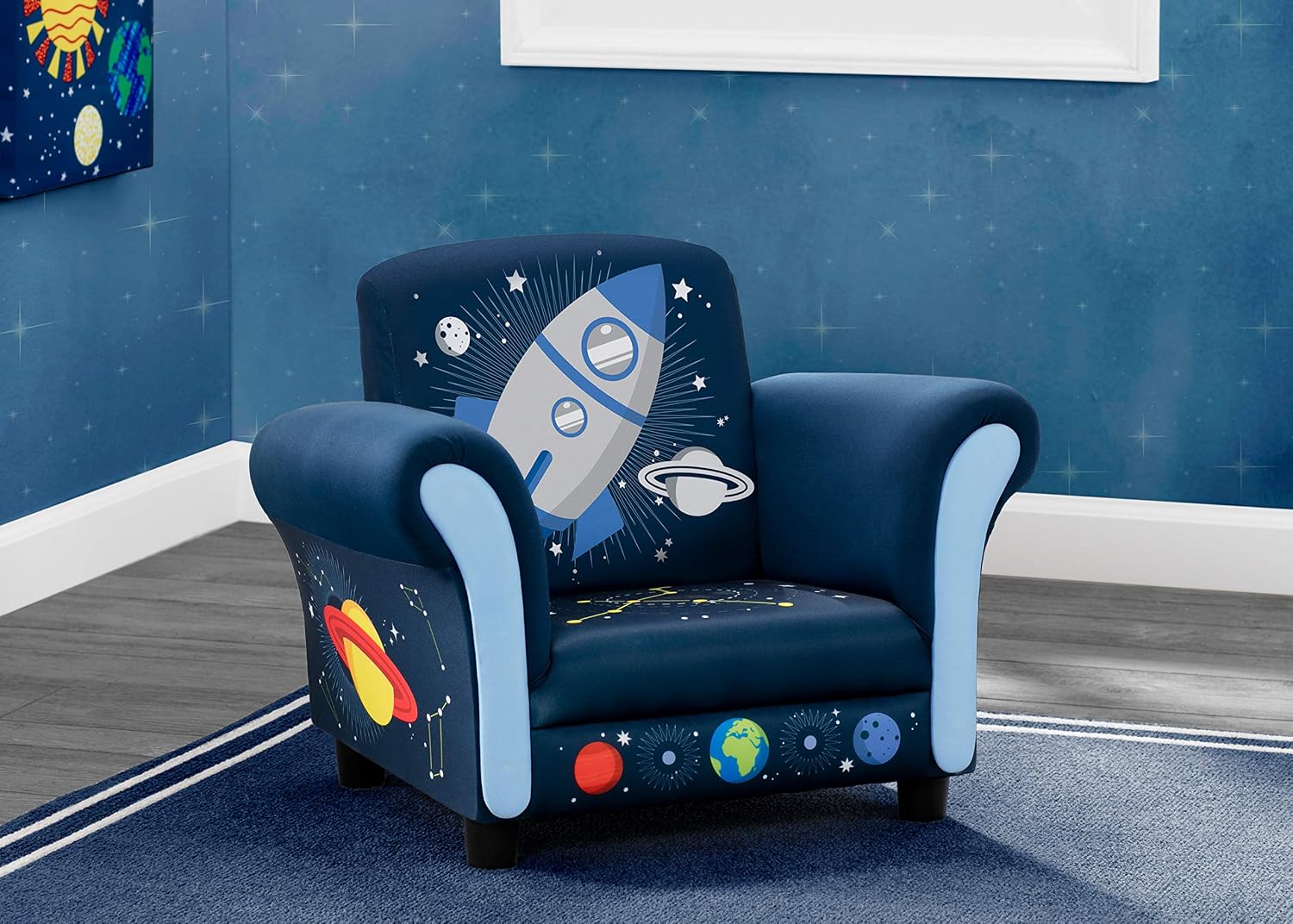Delta Children Space Adventures Rocket Ship Wood Toddler Bed - Greenguard Gold Certified, Blue & Space Adventures Kids Upholstered Chair, Blue