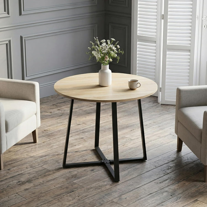 IDS Home 35.4” Round Dining Table for 2, Modern Nordic Kitchen Table, Light Wood Grain Top with Black Metal Base, Small Space Apartment Table, Coffee Table for Dining Room &Living Room, Natural
