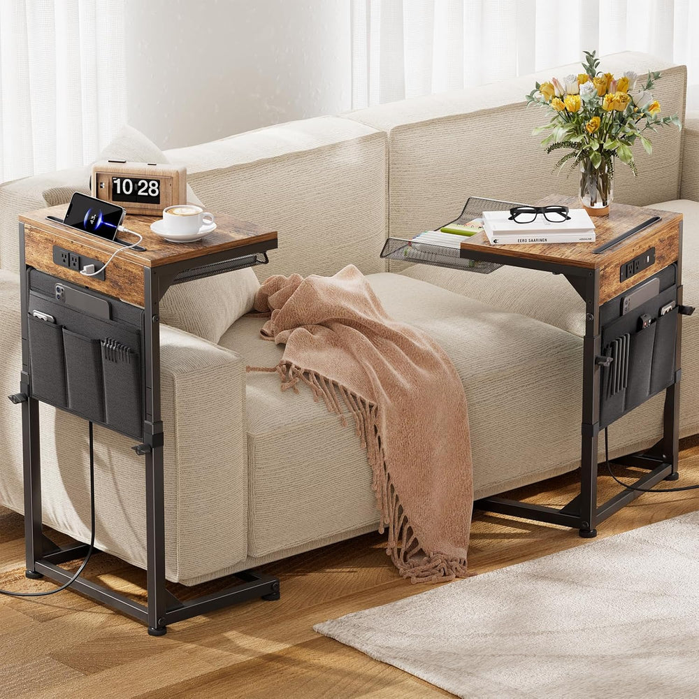 Simple Trending Side Table, C Shaped End Table with Charging Station, Couch T...
