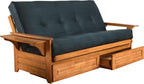 Lakefront Complete Futon - Drawers, Frame and Mattress Set - Arm Tray 8" Innerspring Queen Size Sofa Under Bed Storage Lounger (Navy, Queen)