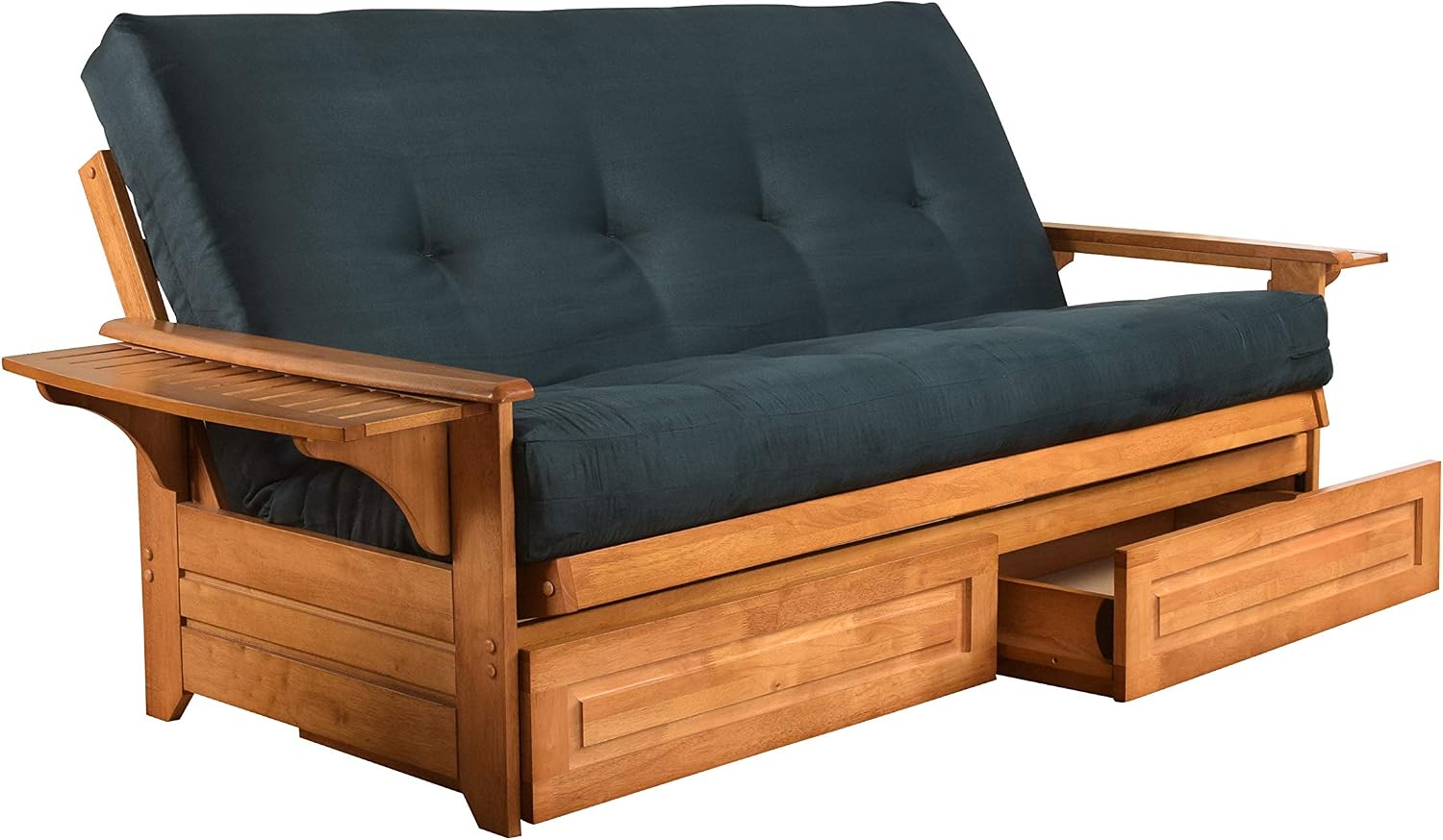 Lakefront Complete Futon - Drawers, Frame and Mattress Set - Arm Tray 8" Innerspring Queen Size Sofa Under Bed Storage Lounger (Navy, Queen)