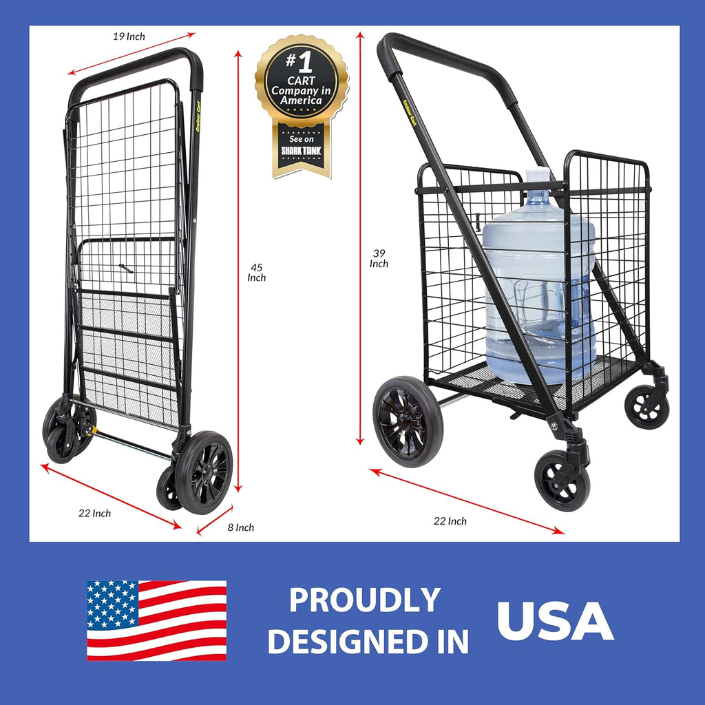 dbest products Cruiser Cart Deluxe 2 Shopping Grocery Rolling Folding Laundry Basket on Wheels Foldable Utility Trolley Compact Lightweight Collapsible, Black