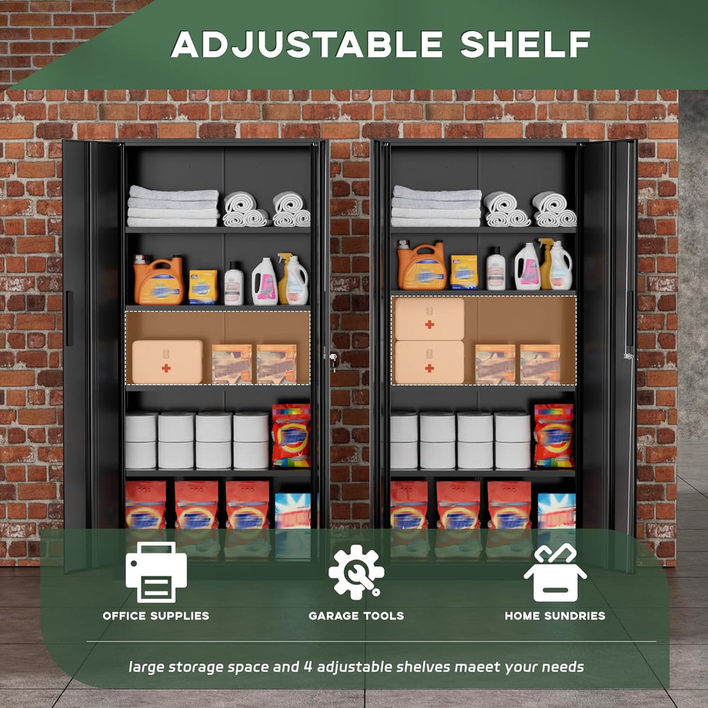 Greenvelly Metal Cabinet, 72” Black Tool Steel Locking Cabinet with Doors and...
