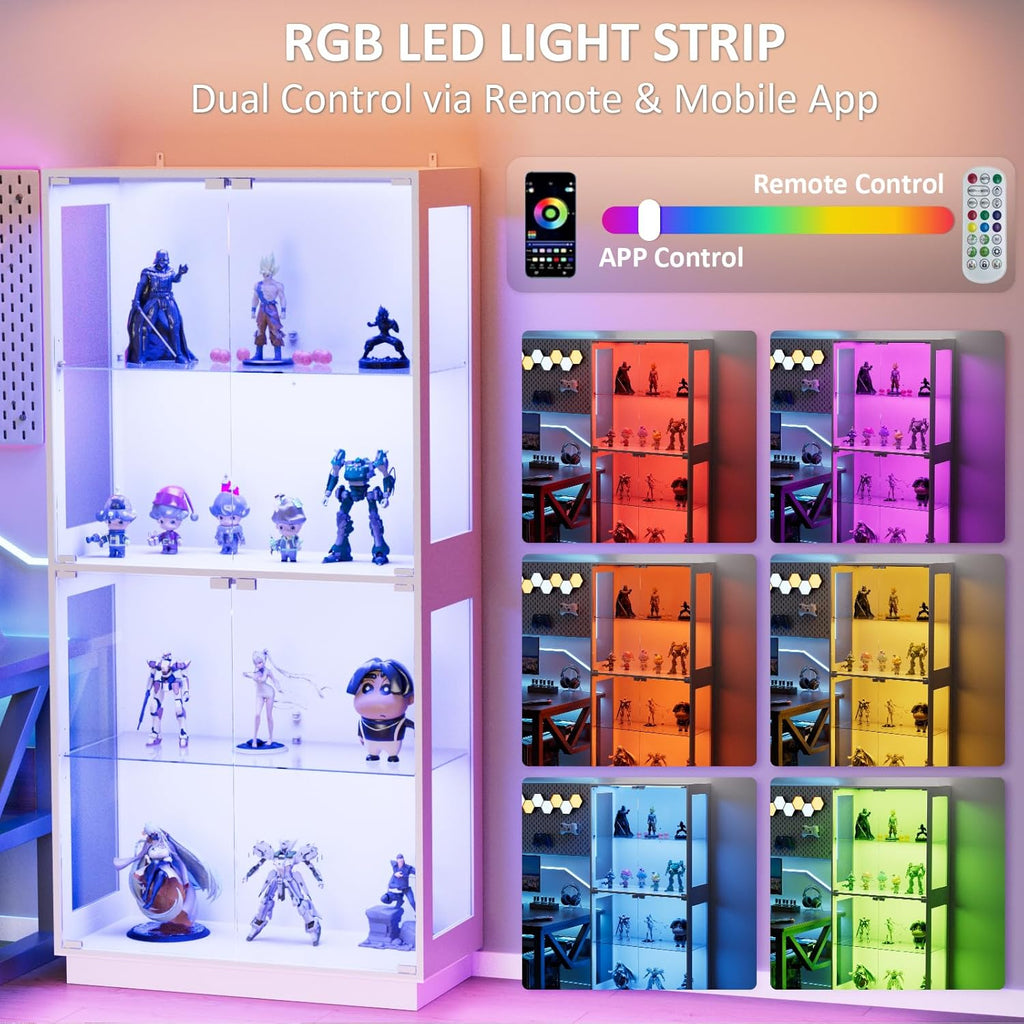 Display Cabinet with Glass Doors 4 Tier Glass Display Case with RGB LED Lights Display Cases for Collectibles Adjustable Shelves Display Case, for Game Room, Living Room, Bedroom, White