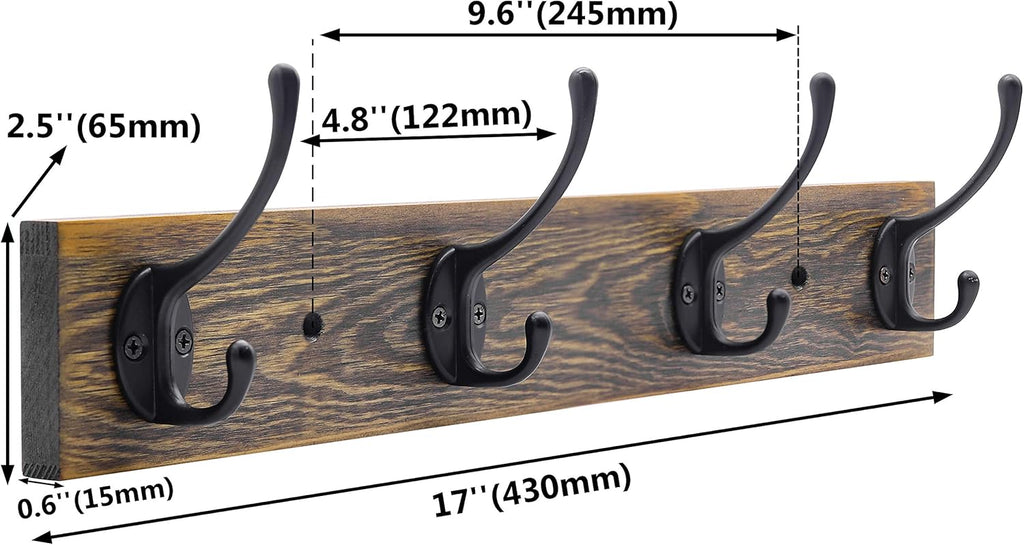 IBosins Wall Mounted Coat Rack, Entryway Hanging , Metal Wood Rack with 4 Black Literary Rustic Hooks Rail for Scarf, Bag, Towel, Key, Cap, Cup, Hat (Brown)