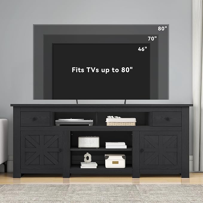 DWVO Farmhouse TV Stand for 75/80 Inches TVs, Entertainment Centers Furniture 30" Tall, TV Consoles with Storage Drawers & Power Outlet, Rustic TV Stands for Living Room, Black