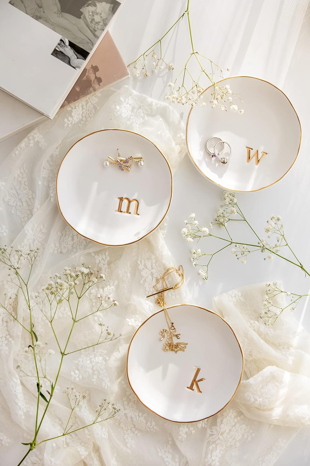 COLLECTIVE HOME - Ceramic Jewelry Tray, Decorative Trinket Dish for Rings Earrings Necklaces Bracelet Watch Keys, Birthday Mother's Day Christmas Gift for Women, 4.75", White Surface (Y)