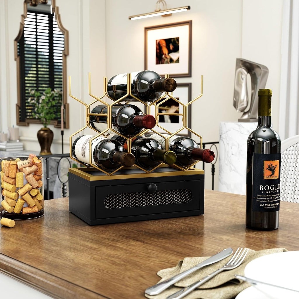 HOLTICO Countertop Wine Rack with Drawer, 8-Bottle Black & Gold Wine Holder | Black Gold Vintage Hexagon Metal Wine Holder and Bottle Rack, Vintage Small Wine Storage Racks for Tabletop, Kitchen, Bar
