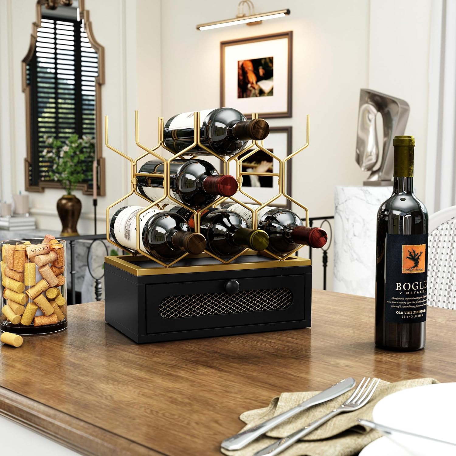 HOLTICO Countertop Wine Rack with Drawer, 8-Bottle Black & Gold Wine Holder | Black Gold Vintage Hexagon Metal Wine Holder and Bottle Rack, Vintage Small Wine Storage Racks for Tabletop, Kitchen, Bar