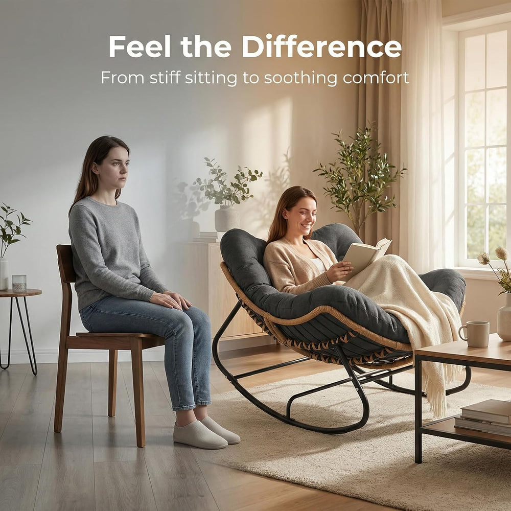 Oversized Papasan Rocking Chair Outdoor, Comfy Wicker Patio Papasan Egg Rocke...