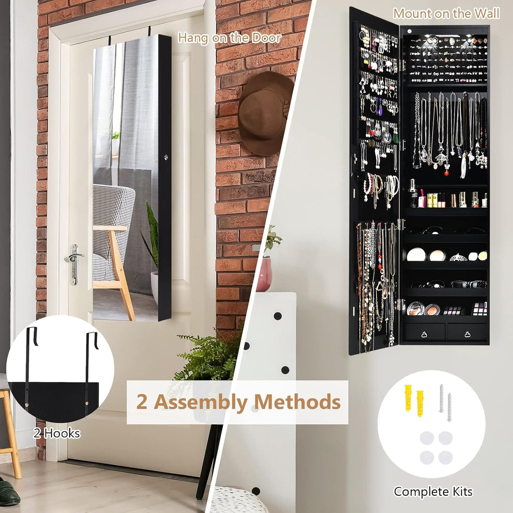 COSTWAY Wall Mounted Jewelry Armoire with Full Length Mirror & 2 LED Lights, Large Storage Capacity, Lockable Mirror Jewelry Cabinet for Women Girls (Black)