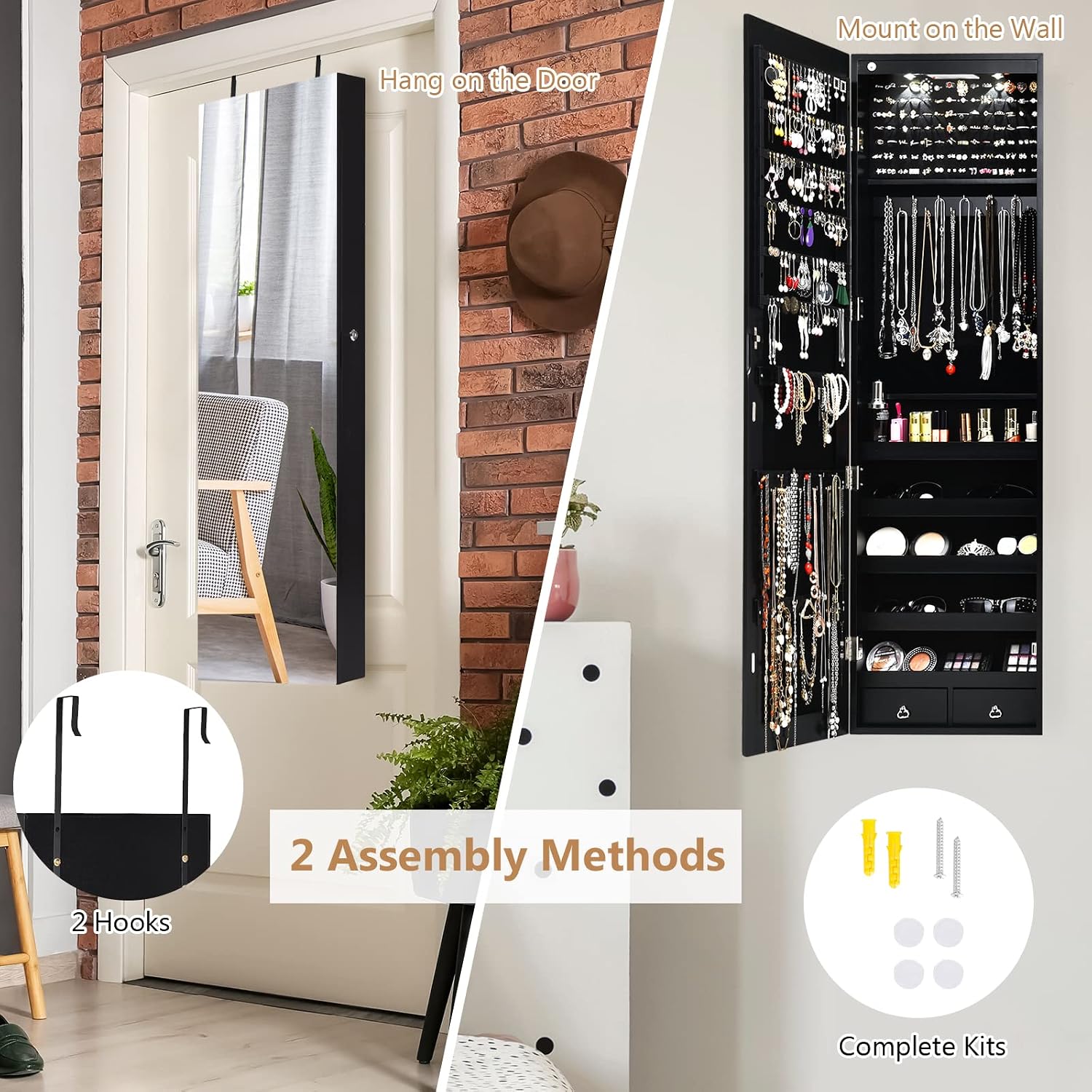 Byroce 47.5''H Jewelry Armoire, Over the Door/Wall Mounted, Full Length Mirror with Jewelry Storage, 2-LED Lockable Jewelry Cabinet with 2 Drawers, Hanging Jewelry Organizer for Bedroom (Black)