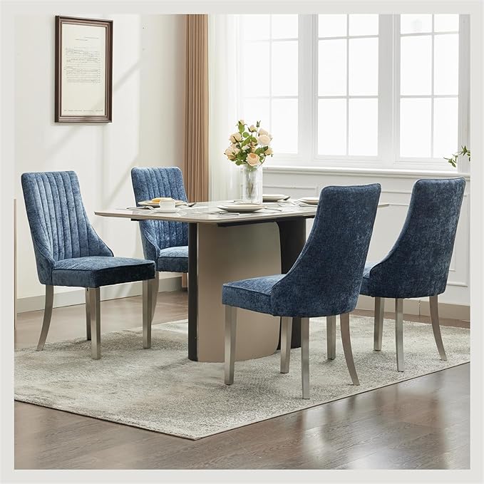 Dining Chairs Set of 4，Modern Channel Tufted Upholstered Dining Chairs with Silver Stainless Steel Legs, Comfortable Chenille Fabric Kitchen Chairs for Dining Room (Blue, 4pc)