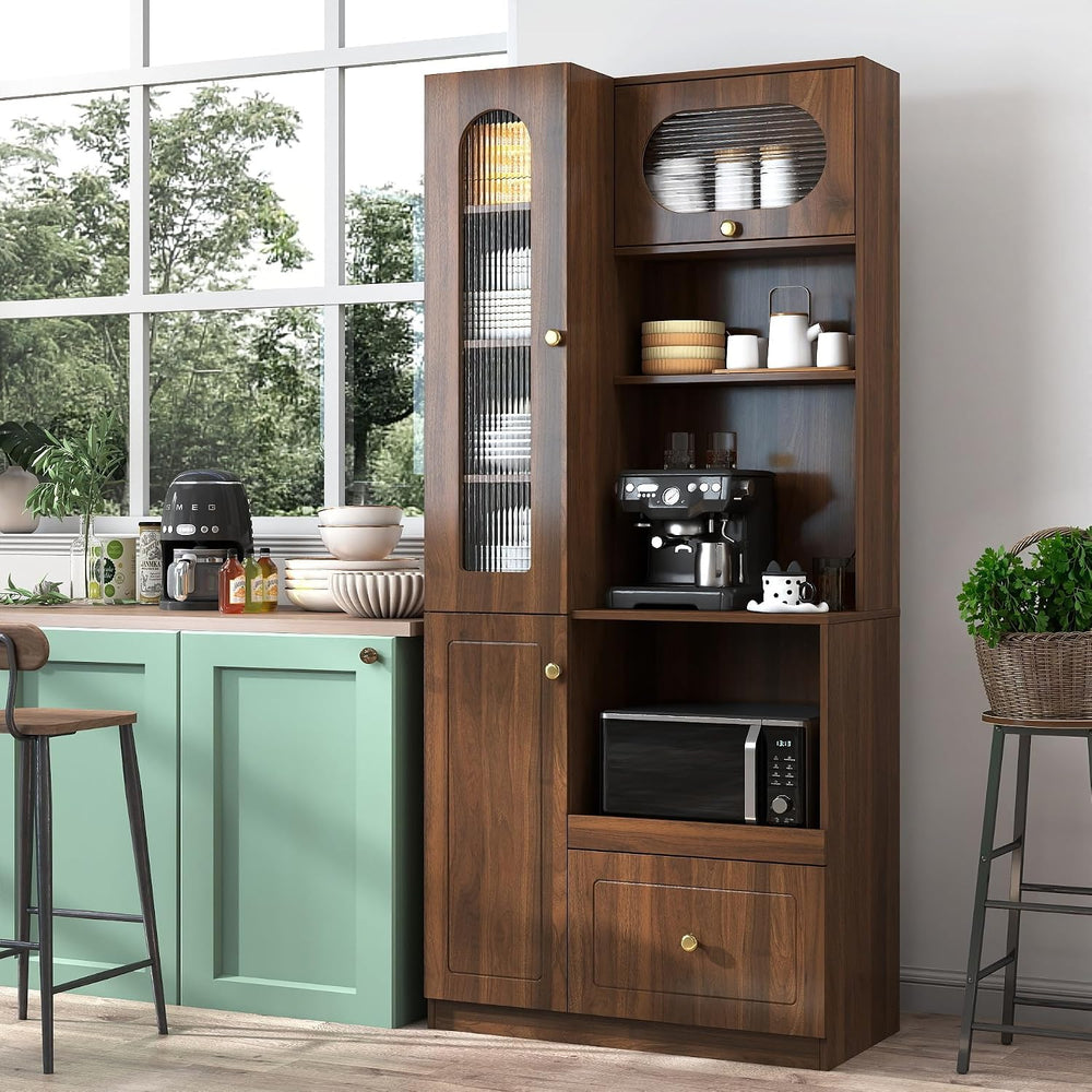 KEIKI 70.87" H Tall Kitchen Pantry Storage Cabinet with Countertop, Glas...