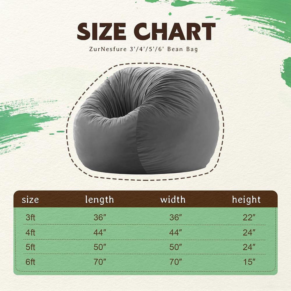 ZurNesfure Bean Bag Chairs for Adults 3FT with Memory Foam Grey, Medium | Gia...