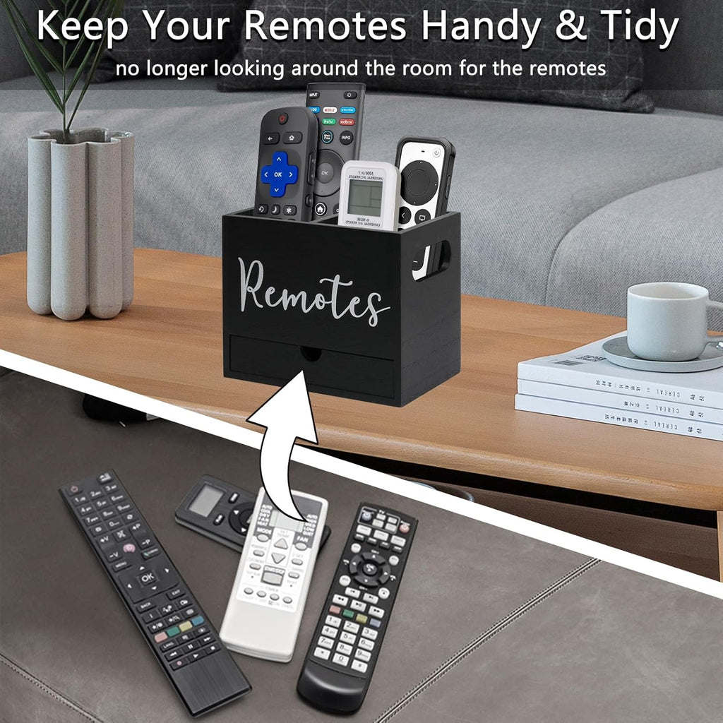 Remote Control Holder, 2 Slot TV Remote Holder& Desk Organizer with Drawers, Remote Organizer Caddy for Table, Wooden Remote Box for Nightstand,Media Storage Box for Living Room, Bed (Black)