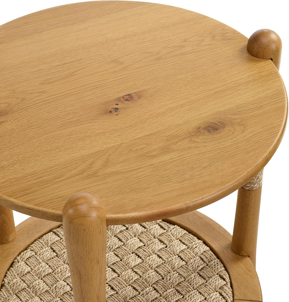 Harbor Oak 20" Round Oak Wood End Table with Seagrass Accents and Shelf ...