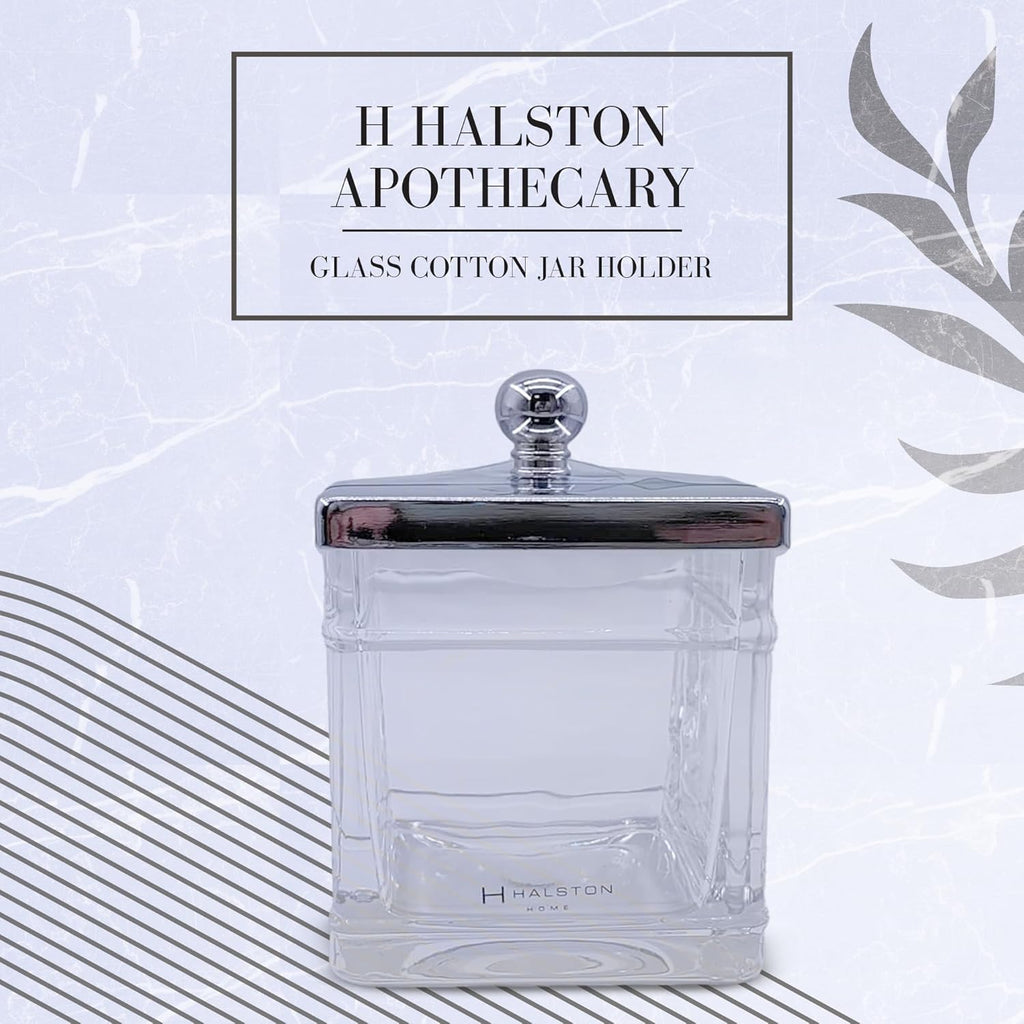 Apothecary Glass Cotton Jar Holder Silver Stainless Steel Lid, Elegant Bathroom Storage Canister for Qtips, Cotton Balls, Floss, Makeup Organizer, Vanity Bathroom Organization