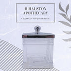 Apothecary Glass Cotton Jar Holder Silver Stainless Steel Lid, Elegant Bathroom Storage Canister for Qtips, Cotton Balls, Floss, Makeup Organizer, Vanity Bathroom Organization