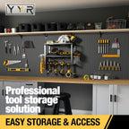 YYR Heavy Duty Power Tool Organizer Wall Mount, Cordless Drill Hanger Storage Rack, Battery Tools Holder with Charging Station Shelf for Garage Organization, Workshop, Pegboard, Shed - 16 Inch 4 Slots