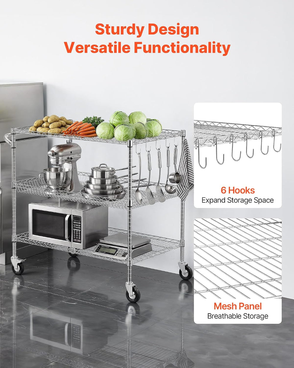 VEVOR Kitchen Utility Cart, 3 Tier Heavy Duty Adjustable Wire Storage Rack, C...