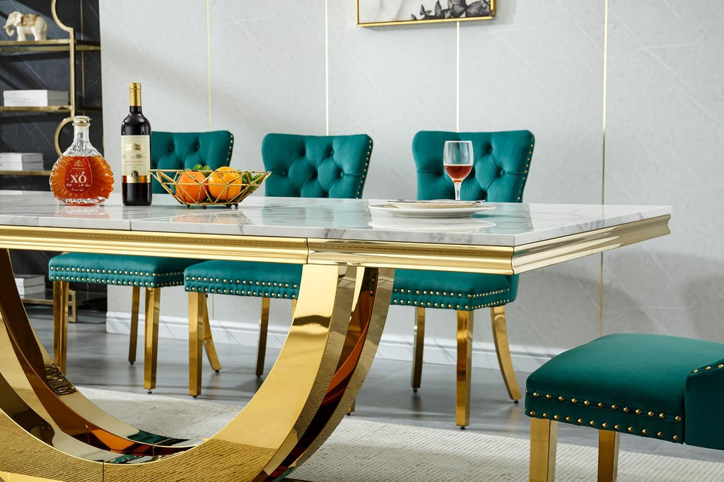 94 Inch White Marble Dining Table for 6-10 People, Modern Extra Long Rectangular Kitchen Table w/Faux Marble Top & Gorgeous Mirrored Stainless Steel Base, Large Rectangular Gold Dining Room Table