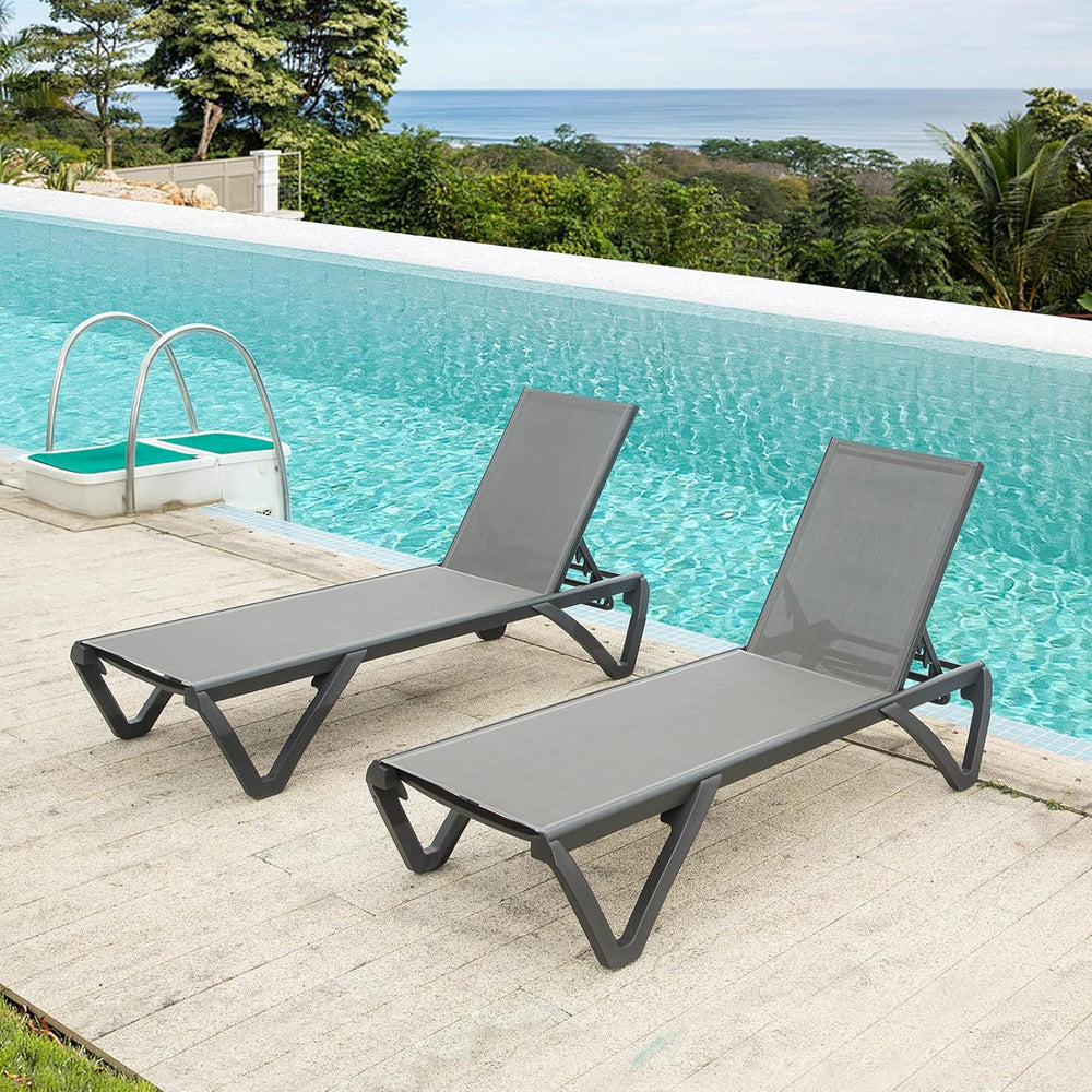 Domi Pool Lounge Chairs, Aluminum Patio Chaise Lounge Set of 2, 5 Position Ad...