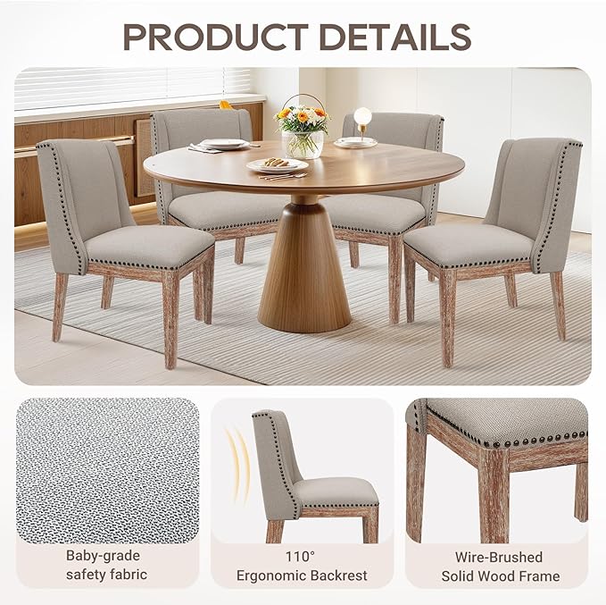 Dining Chair Set of 2, Fabric Upholstered Kitchen Side Chairs with Wooden Legs for Kitchen & Restaurant Use, Beige