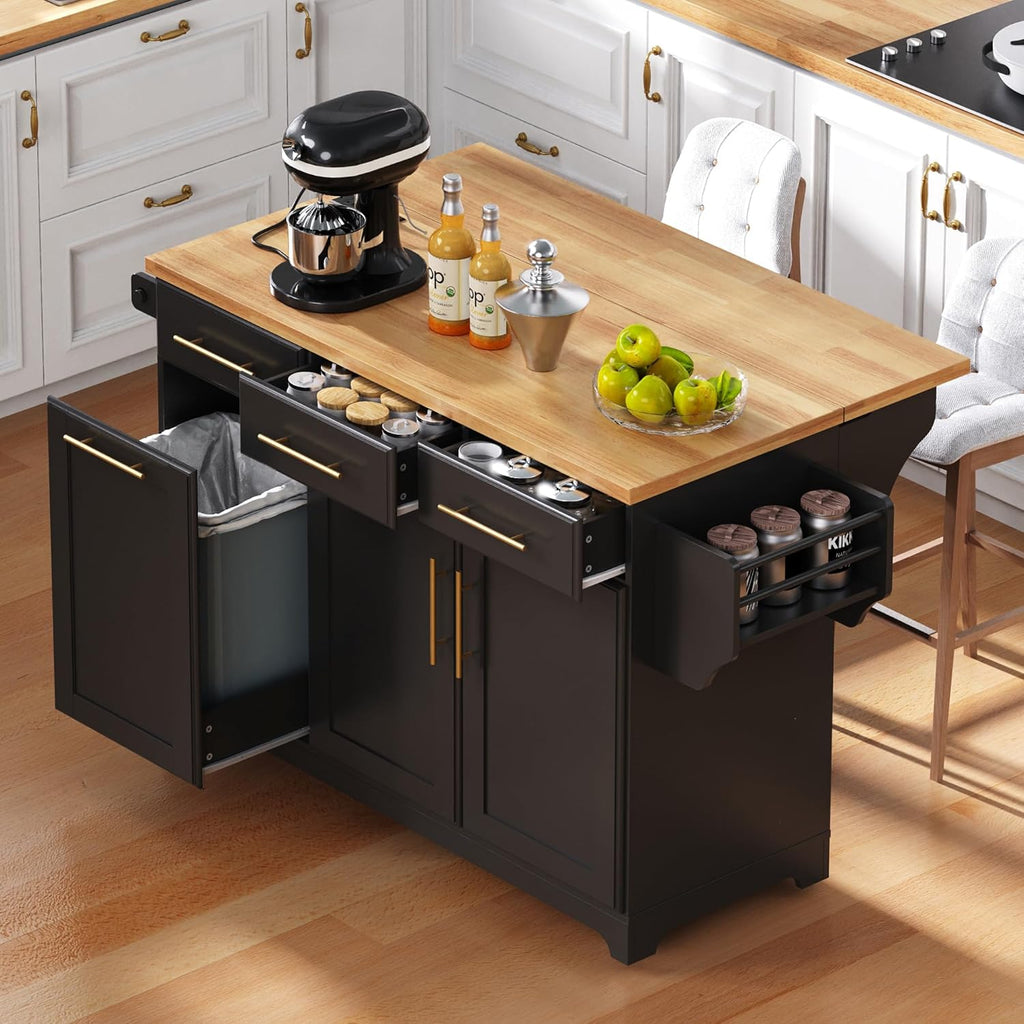 Merax 59.3" Black Kitchen Island with Storage, 2 Pull Out Cabinet Organizers & Rubber Wood Drop Leaf, Rolling Island Table with Trash Can Storage, Power Outlet, Spice & Towel Rack for Kitchen Dining