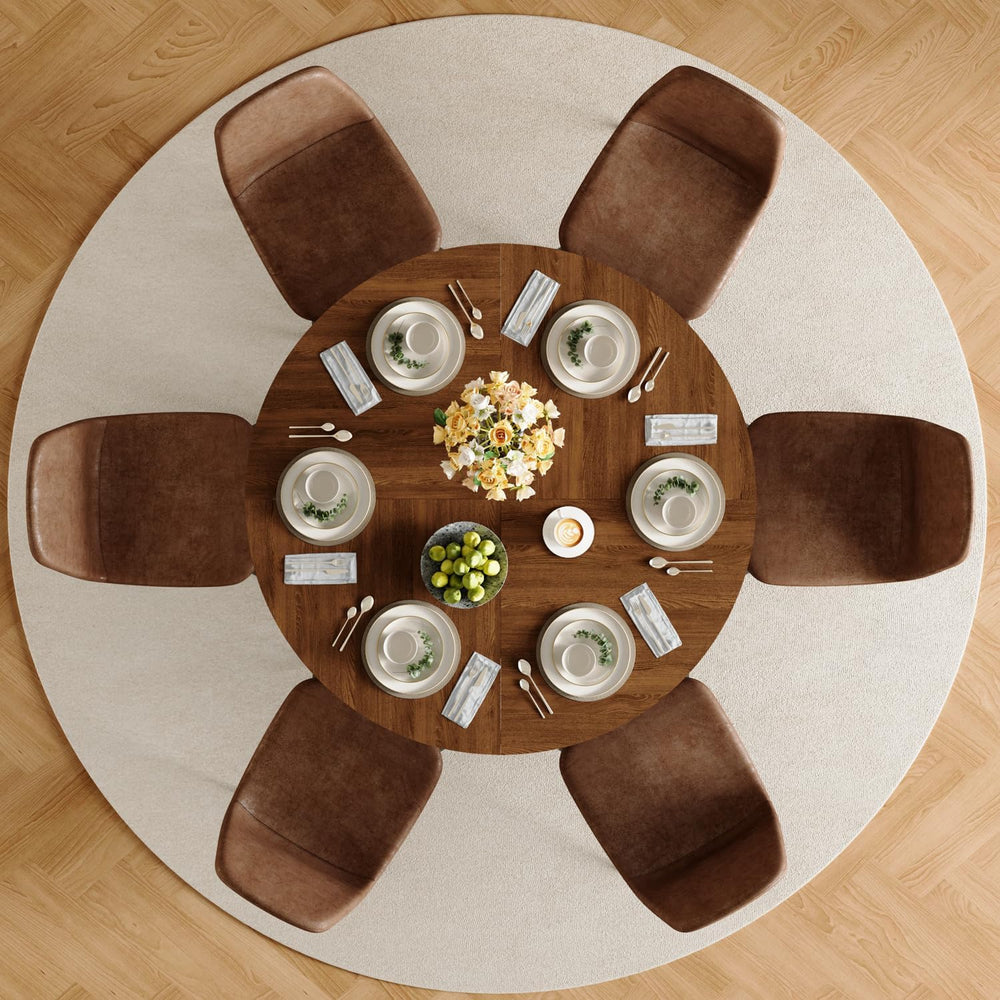 47" Round Dining Table Set for 6, Walnut Wood Grain Table and 6 Chairs Set