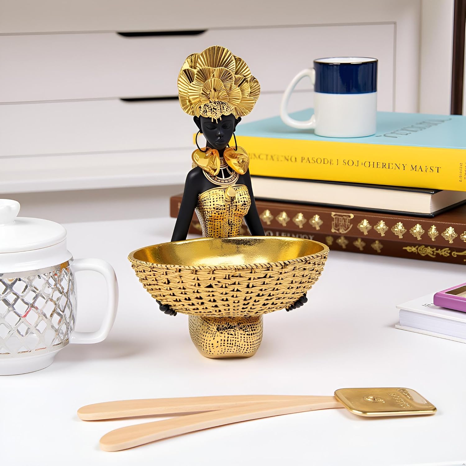 African Tribal Statue - Tribal Lady Figure Sculpture Tray,Coffee Table/Office/Shelf/Living Room Handmade Home Decor - Best Gift for Birthday/Anniversary/Wedding (Gold)