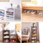 Attelite Large Clear Shoe Box Organizer,Plastic Stackable Shoe Storage Box with Magnetic Door, Large Clear Door Shoe Containers for Display Sneakers, Easy Assembly（Black）