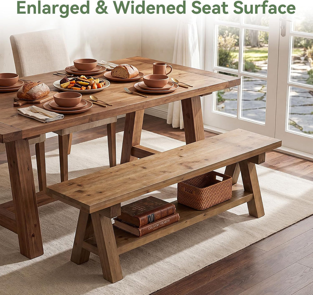 63-Inch Farmhouse Dining Bench, Solid Wood Indoor Entryway Bench | 2-TierStor...