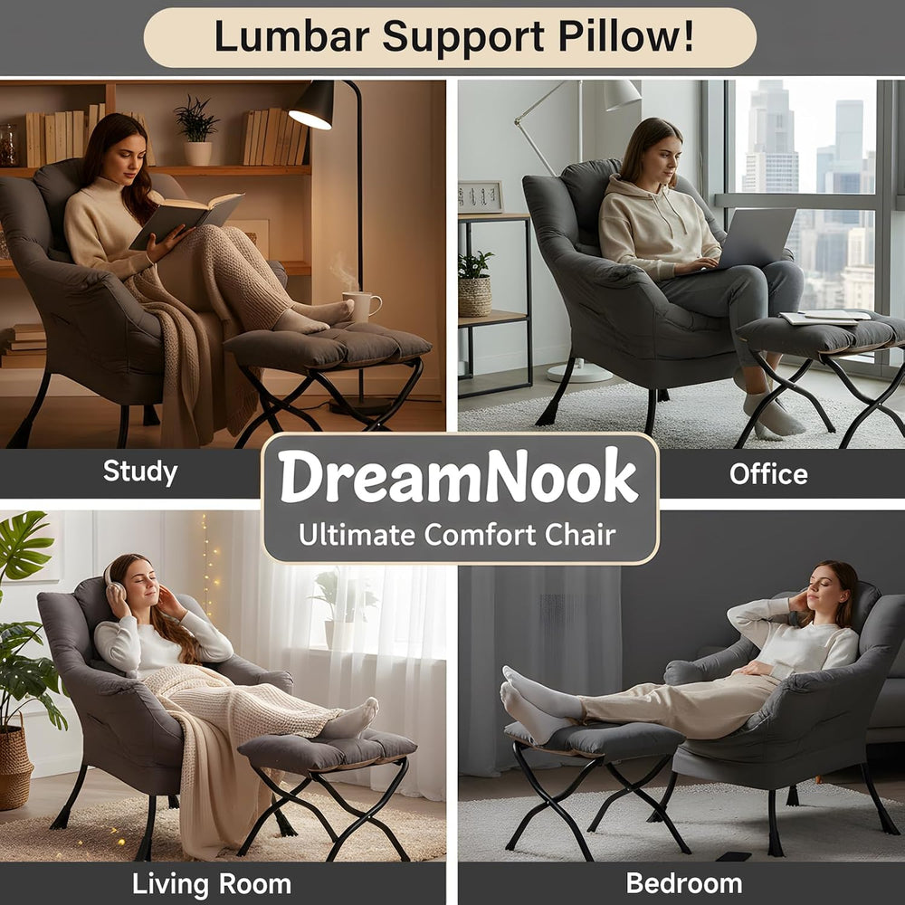 Lazy Chair with Ottoman, Comfy Chair with Pillow，Dark Grey