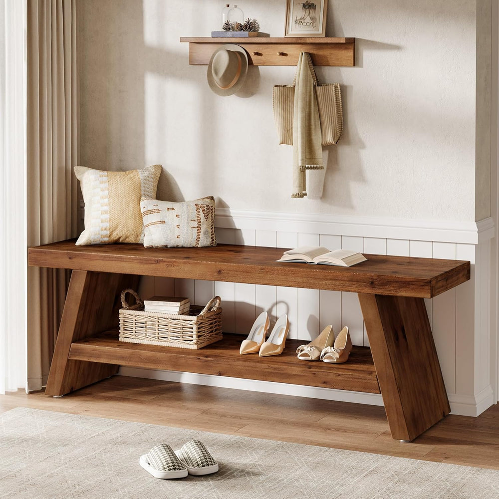 Solid Wood Entryway Bench, 2-Tier Wooden Storage Bench, Farmhouse Indoor Shoe...
