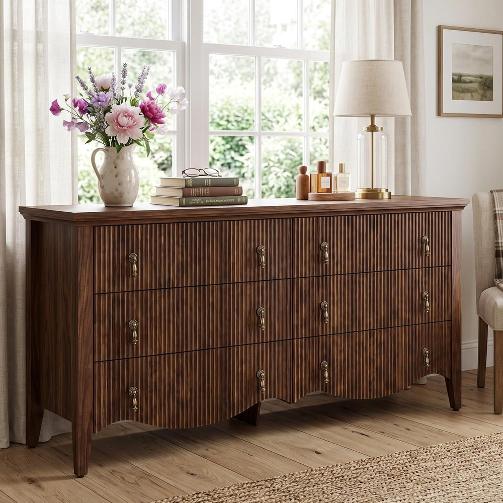 Walnut 6-Drawer Fluted Dresser, Wide Double Chest of Drawers,