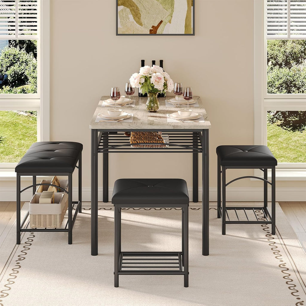 IDEALHOUSE Dining Table Set for 4 with Upholstered Benches and 2 Stools, Small Kitchen Table Chairs Set of 4 for Apartment, Studio, Home and Small Space