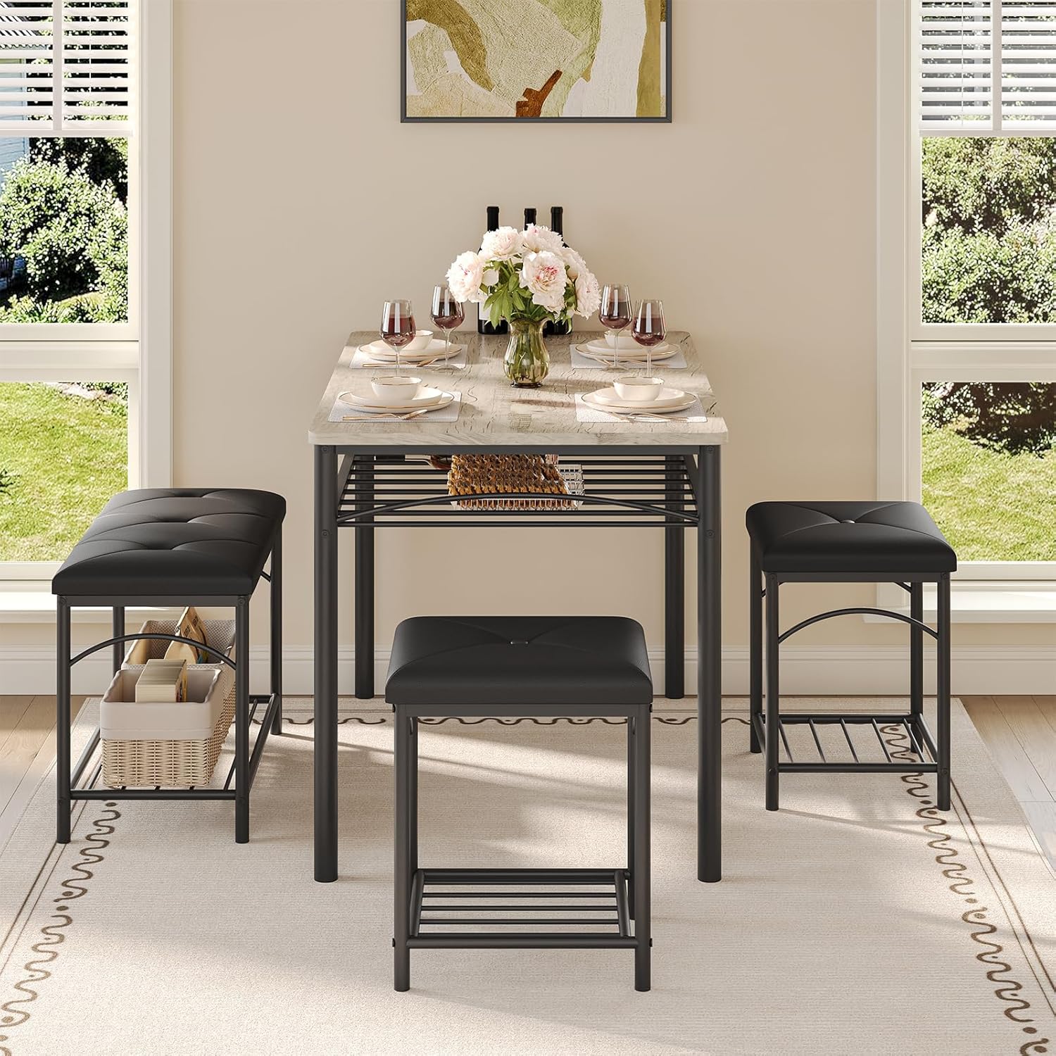 IDEALHOUSE Dining Table Set for 4 with Upholstered Benches and 2 Stools, Small Kitchen Table Chairs Set of 4 for Apartment, Studio, Home and Small Space