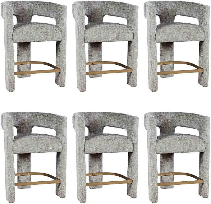 Jofran Upholstered Counter Stool with Arms – Versatile Barstools – Stylish Seating for Kitchen Dining Room or Home Bar, Grey, Set of 6