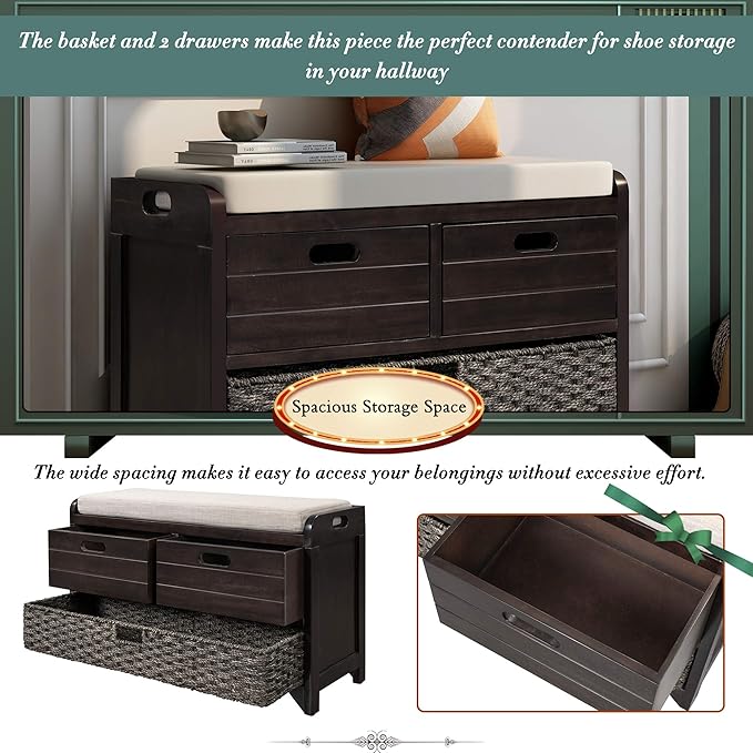 Merax Farmhouse Wood Shoe Bench with Storage and Seat Cushion for Entryway Hallway Front Door Espresso