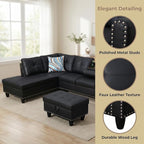 Leather 3-Piece L-Shaped Couches for Living Room, Sectional Sofa with Storage Ottoman & Movable Chaise, Modular Convertible Couch for Bedroom & Apartment, Deep Black