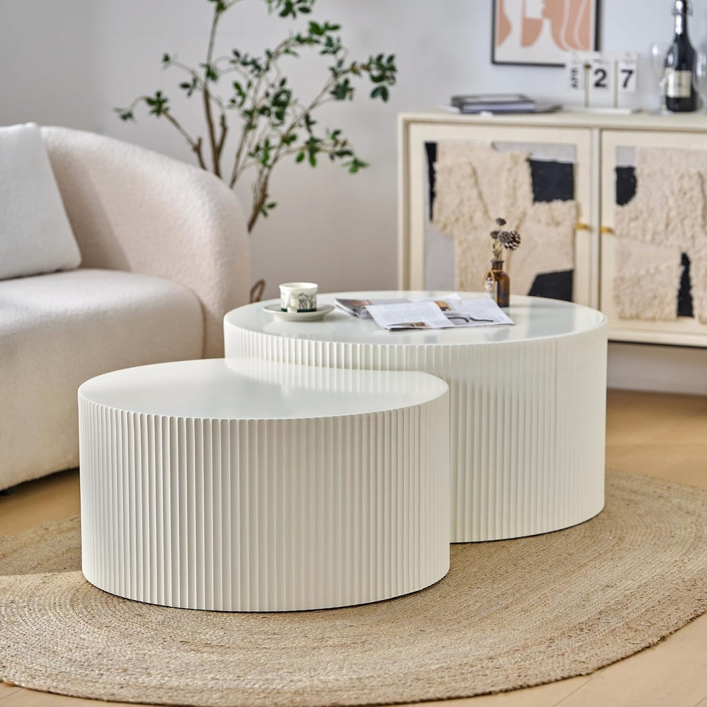 Nesting Coffee Table Set of 2, Modern Drum Side Table End Table, Wave Stripe Round Coffee Table for Living Room, Bedroom, Beige-02